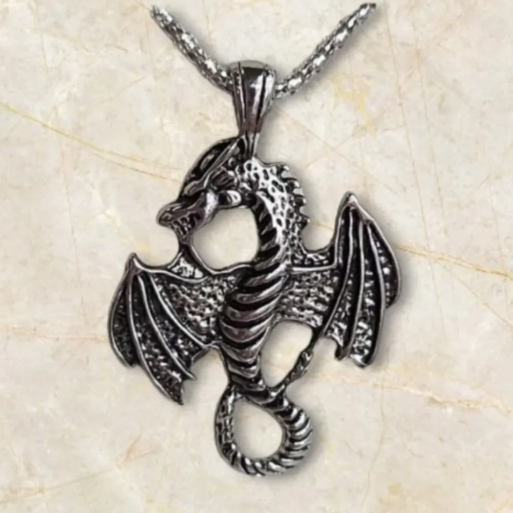 Dragon Necklace Antique Silver Flying Dragon Pendant Viking Fantasy Gothic 23